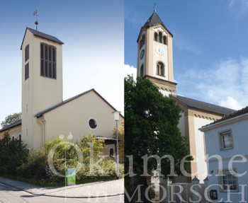 Ökumene in Mörsch – Gemeinsam unterwegs Titelseite des ökumenischen Gemeindebriefes aus Mörsch mit Ansichten des katholischen und protestantischen Kirchgebäudes